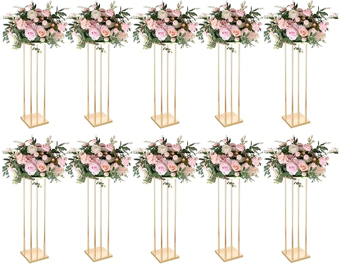 LoveCat Set of 10 Wedding Centerpieces Geometric High Gold Vases - 31.5" Artificial Flower Display Stand for Wedding Christmas Carnival Party Dinner Event Hotel Home Decor Arrangement