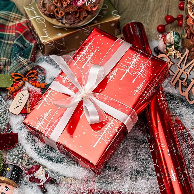 MAYPLUSS Christmas Wrapping Paper Roll - 17IN X 33FT - Reversible Christmas Gift Wrapping Paper Featuring Tree Against Red for Kids, Holiday, New Year