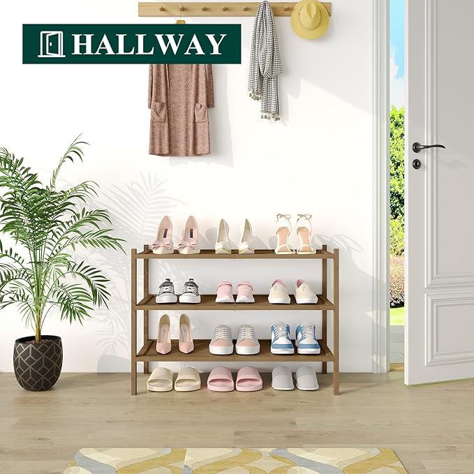 Smiry Bamboo Shoe Rack, 3 Tier Shoe Organizer for Entryway & Closet, Stackable Free Standing Storage Shelf for Shoes, Bags & Plants, Walnut
