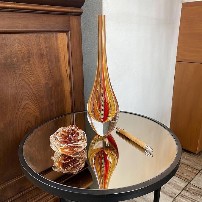 Ca D Oro Small Drop Glass Vase Boho with Red/Yellow Canes Hand Blown Murano-Style Art Glass - Model Tall