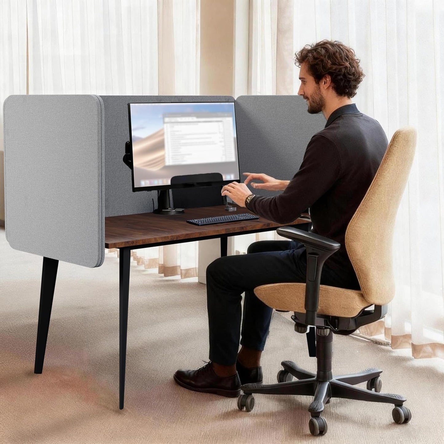 Skiennix Desk Privacy Panel - 24 x 24 Inch Sound Absorbing Divider | Gray Acoustic Back Partition