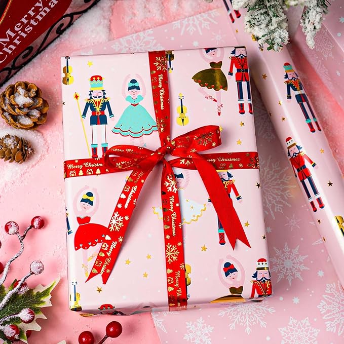 MAYPLUSS Pink Christmas Wrapping Paper Roll - 17IN X 33FT - Christmas Nutcracker Gift Wrapping Paper Featuring Ballet Guitar Gold Star Reversible Snowflake for Kids, Holiday, New Year