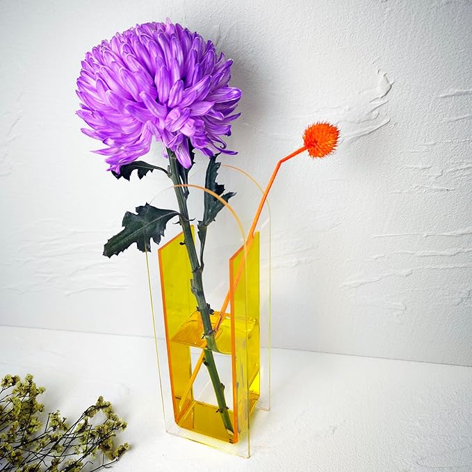 Acrylic Vase Creative Gifts Minimalist Design Wedding Centerpiece Home Office Decor Elegant Floral Display Stand(Not Including Flowers) (Semi-Yellow, 1PCS)