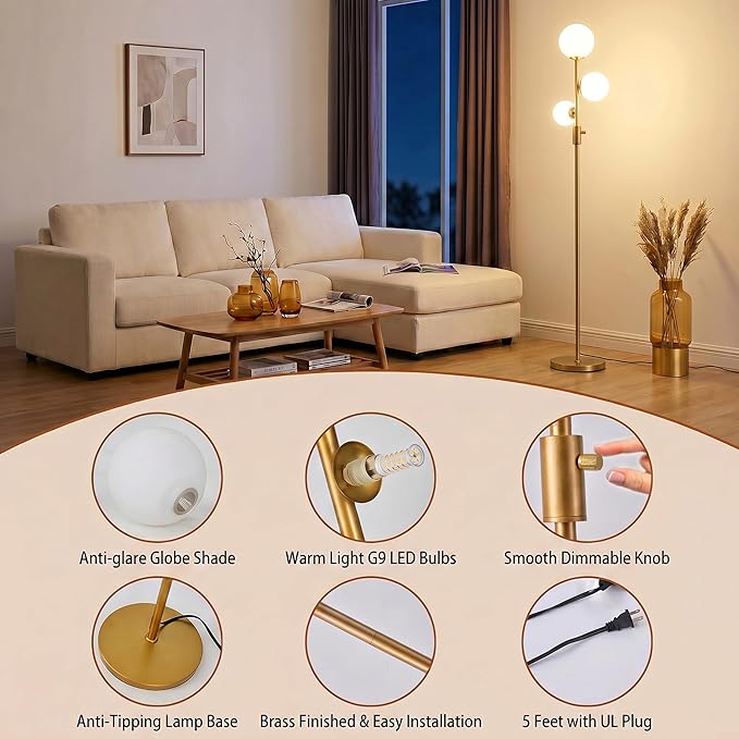 Fiqevs Dimmable 3 Globe Floor Lamp - Mid Century Modern Gold Standing Lamp with Frosted Glass Shade & LED Bulbs for Living Room, Bedroom, Office