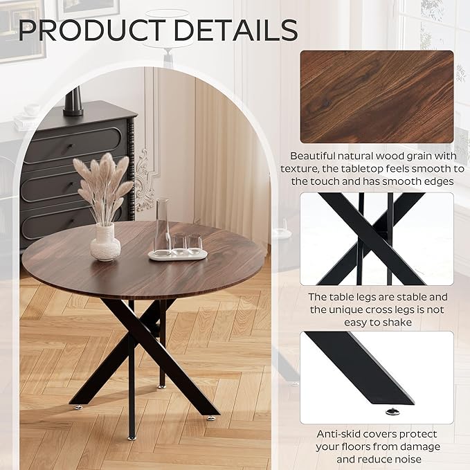 RGZ Mid Century Round Dining Table Set for 4, 36" Small Walnut Wooden Circle Kitchen Table & 4 Black PU Leather Kitchen Chairs, Dinner Table Set for Home, Apartment, Kitchen