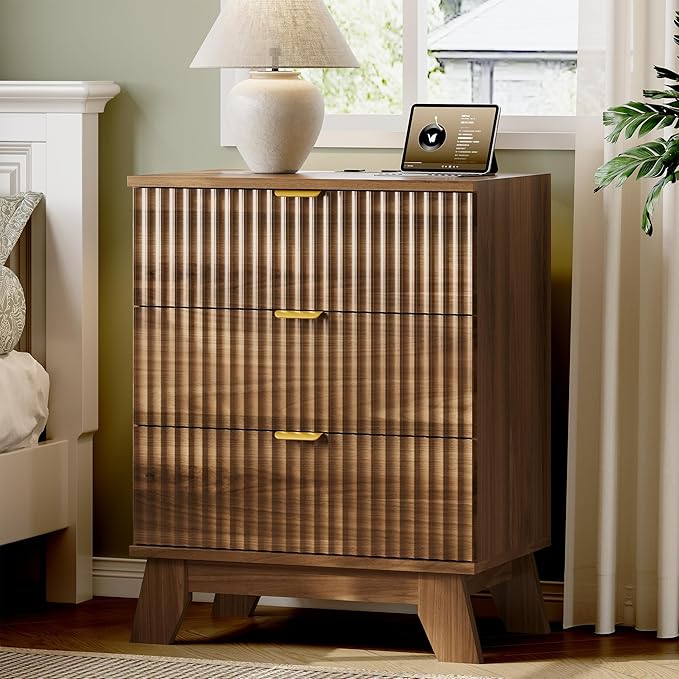 Fluted Nightstand with Charging Station, 24" Wide Bedside Table with 3 Large Storage Drawers, Modern Wood Side Table Night Stand, End Table Small Dresser for Bedroom, Living Room, Dorm, Walnut