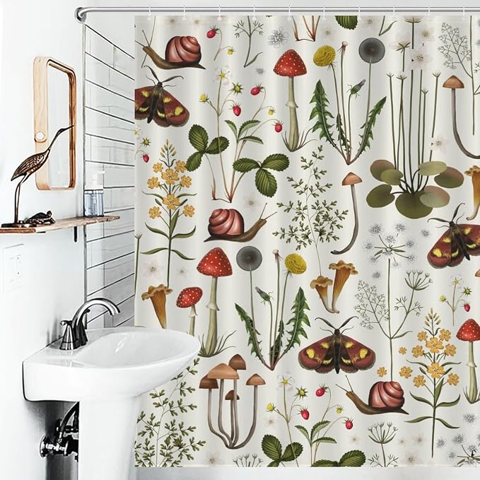 Mushroom Shower Curtain for Bathroom, Farmhouse Country Wild Floral Moth Botanical Mushroom Cottagecore Nature Plants Herbs Waterproof Fabric Shower Curtain Set with Hooks, 72"x78" Inch