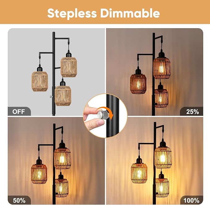 ROTTOGOON Dimmable Boho Floor Lamp - 3 Light Farmhouse Rattan Floor Lamp for Living Room, Industrial Tree Floor Lamps with 3 X 6W LED Bulbs, Rustic Standing Tall Lamp for Bedroom, Office, 68", Black