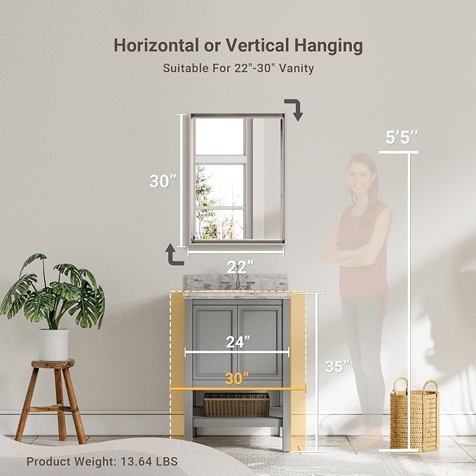Brushed Nickel Bathroom Mirror, 22x30 Inch Beveled Framed Bathroom Mirror Anti-Rust, Brushed Nickel Metal Frame Bathroom Vanity Mirror for Wall, Vertical/Horizontal Wall-Mounted Mirrors