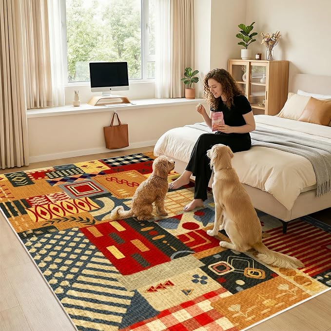 9x12 Abstract Tribal Patchwork Large Area Rug, Colorful Boho Tribal Geometric Rugs for Living Room, Non Slip Low Pile Washable Indoor Carpet Rug for Bedroom, Entryway, Dining Room, Home Office Decor