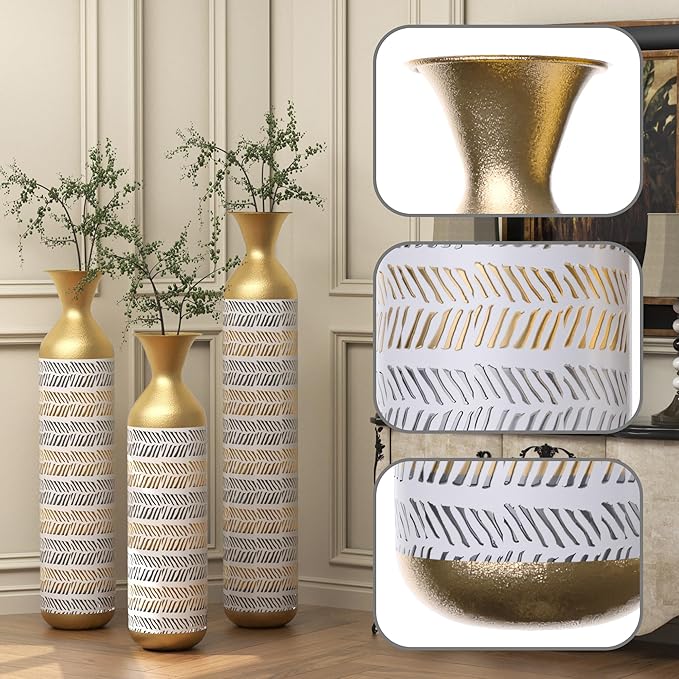 Tall Floor Vase Set of 3 - Large Vintage Modern Oversized Metal Vases for Decor Living Room, Gold Decorative for Corner Hallway