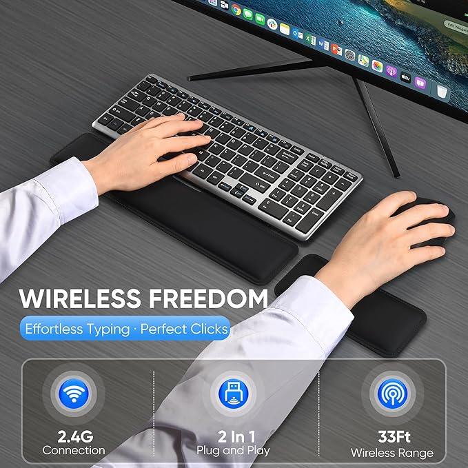 Wireless Quiet Keyboard & Mouse Combo with Magnetic Ergonomic Design Keyboard and Mouse Wrist Rest,Relief Typing Pain, Wrist Rest Support Hand and Arm, 2.4G Stable Connection,Adjustable DPI
