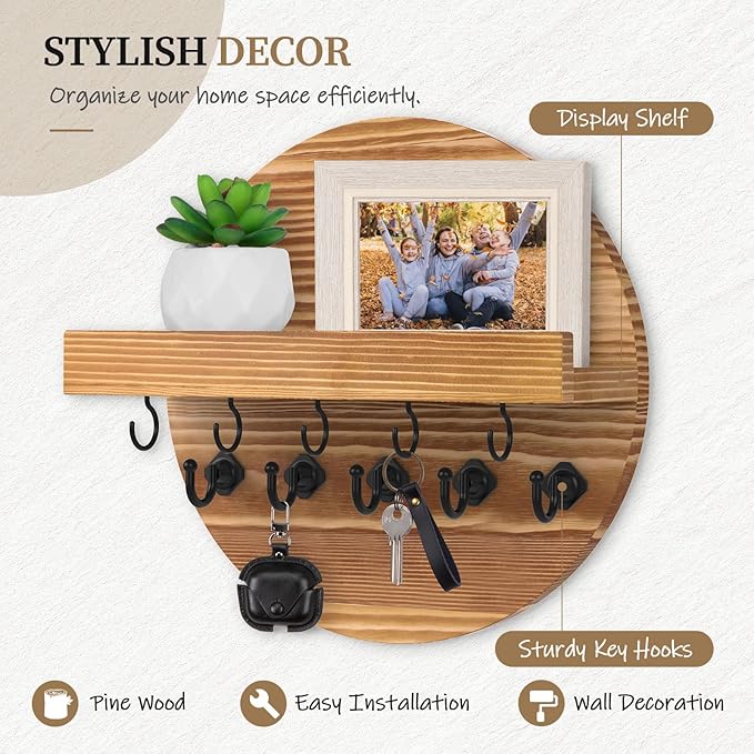 Nekon Key Holder Wall Mount, Key and Mail Organizer for Wall, 9.8 Inch Round Wooden Rustic Wall Organizer for Entryway, Hallway, Kitchen, Office (Light Brown)