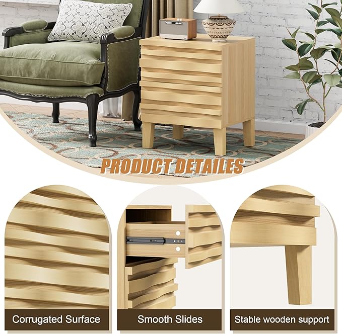 UEV Solid Wood Nightstand, 19.7" W Boho Style Nightstand with 2 Drawers, Fluted Wood Night Stand, Mid Century Modern Bed Side Table for Bedroom,Living Room, Ivory White