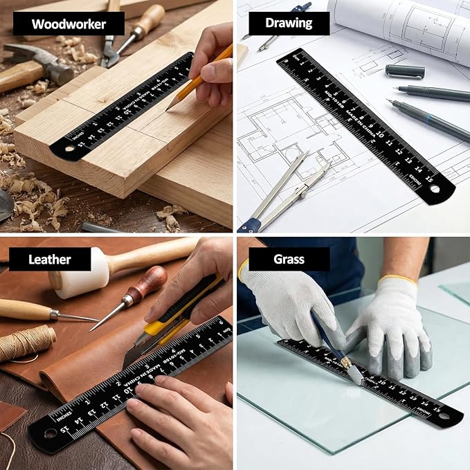 2Pcs 6 Inch 15cm Metal Ruler Set, Stainless Steel Metric Rulers with Centimeters Millimeters Inches, High Contrast Measuring Ruler for School Geometry Office Crafting(Black)