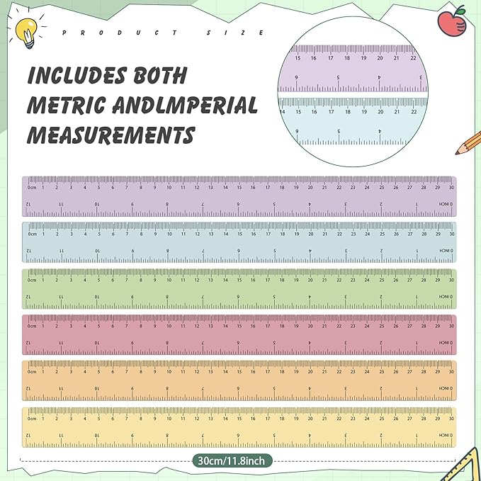ForraFun 60 Pcs Plastic Clear Rulers 12 Inch, Transparent Assorted Color Ruler Bulk, with Imperial and Metric Scales for Home Office Supplies, Available in 6Colors(Pastel)
