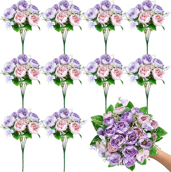 Olgaa 12 Bundles Peonies Artificial Flowers Fake Peony Bouquet Faux Peonies Flowers Bulk with Stems Flower Balls for Centerpiece Table Decorations Wedding Bridal Floral Arrangement (Purple)