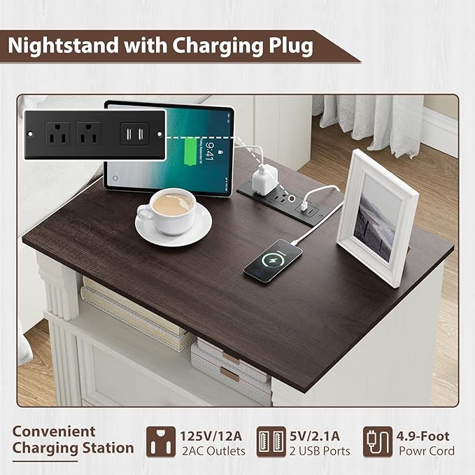 White Nightstand with Charging Station, Farmhouse Wood Bedside Table & End Table with 2 Drawers and Chic Wood Pilasters Design, Side Table Storage Cabinet with Metal Handles for Bedroom, Living Room