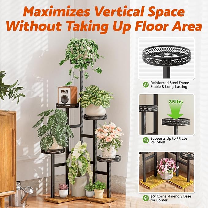 5 Tiered Corner Plant Stands Tall Indoor, Tiered Plant Stand Outdoor,Wood Plant Shelf for Multiple Plants, Wrought Iron Flower Pot Stand, Tall Plant Rack Shelf for House Patio - BlackWave