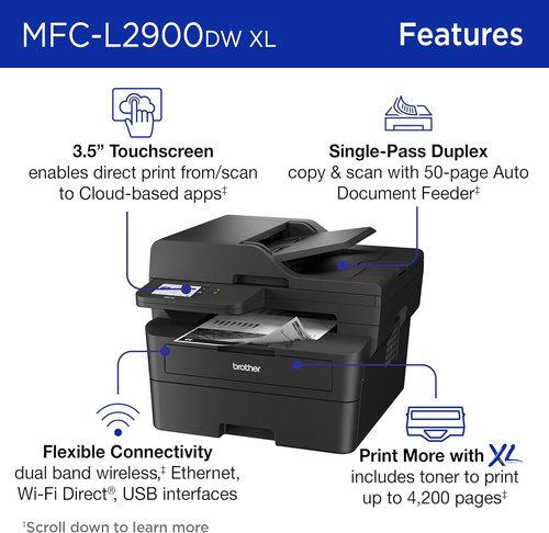 Brother MFC-L2900DW XL Wireless Monochrome All-in-One Laser Printer - Duplex Copy, Scan & Fax | 4,200 Pages Toner Included