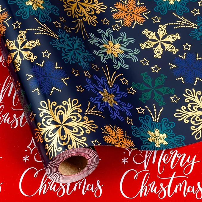 MAYPLUSS Christmas Wrapping Paper Roll - 17IN X 33FT - Green Gift Wrapping Paper Featuring Snowflake Against Dark Green Reversible Merry Christmas for Kids, Holiday, New Year