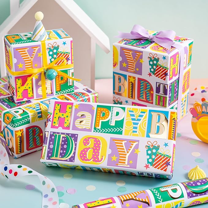 WRAPAHOLIC Birthday Wrapping Paper - Mini Roll - 17 Inch x 16.5 Feet - Colorful Gold Foil Happy Birthday Wrapping Paper for Kids, Girls, Women, Baby Shower, Wedding, Bridal Shower