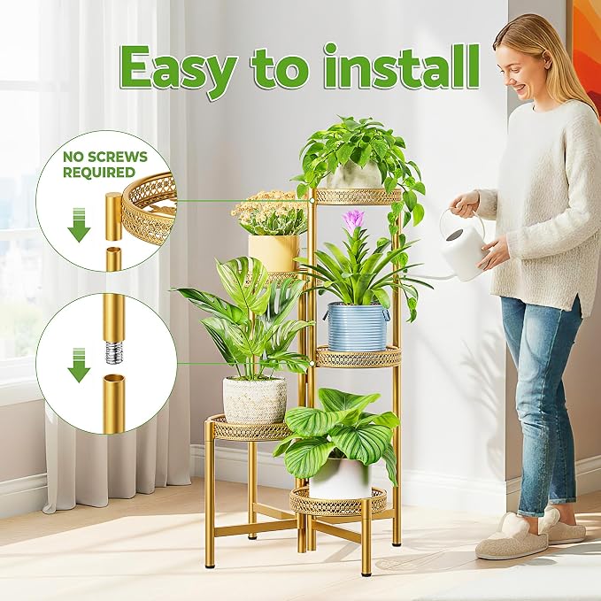 Gold Plant Stand Indoor Outdoor, Corner Metal Flower Pot Stands for Multiple Plants, 5 Tier Heavy Duty Plant Shelf for Patio Garden Balcony Living Room Bedroom - GoldWave