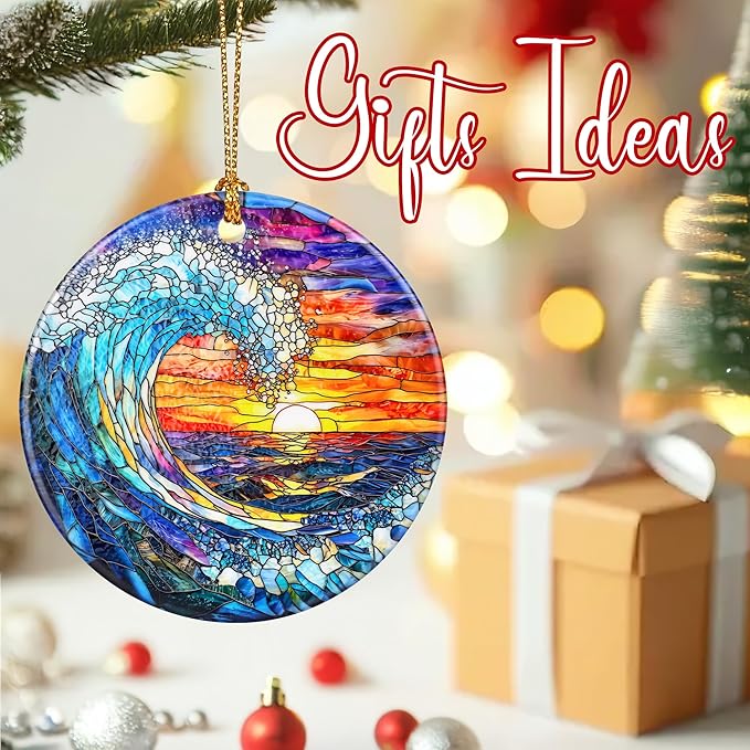 Christmas Ornaments, 2.8 Inch Ceramic Hanging Ornament, Christmas Tree Ornaments, Xmas Decorations, Holiday Decorations, Holiday Party Gifts, and Xmas Gift Ideas - Sunset On The Beach
