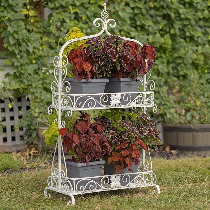 Zaer Ltd. Two Tier Rectangular Ornate Metal Plant Stand (Antique White)