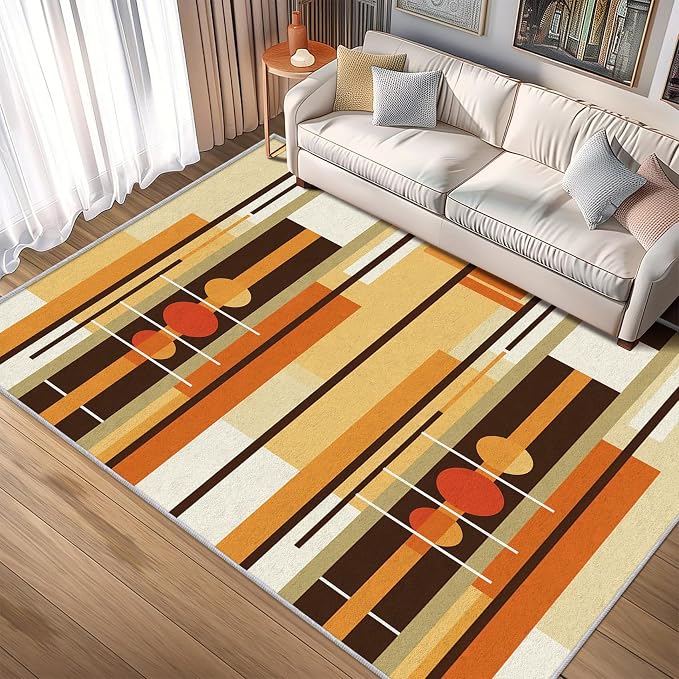 Contemporary Geometric Rug 6x9, Washable Retro Stripe Rugs for Living Room Bedroom, Mid Century Modern Area Rug for Home Decor, Non Slip Backing Floor Carpet with Gripper - 6 x 9 ft