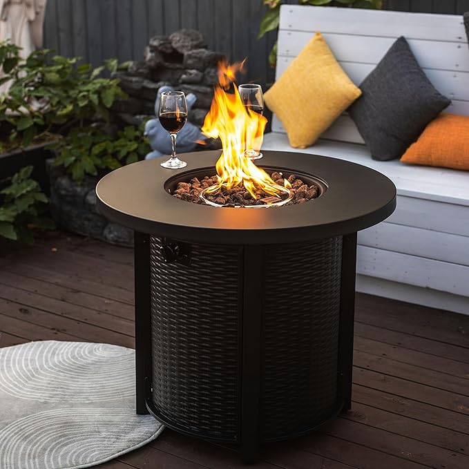 30" Propane Gas Fire Pit Table, 50000 BTU Round Steel Fire Pit with Lid & Glass 2 in 1 Fire Pit Table Rock for Outside Patio Deck Garden Courtyard