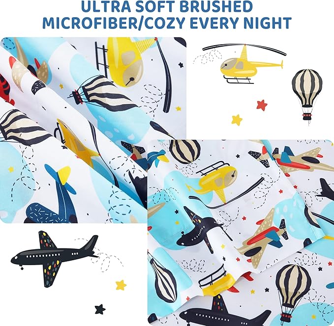 Viviland 3 Pieces Boys Plane Twin Sheet Set - Soft Microfiber Fitted Flat Sheets & Pillowcase - Hot Air Balloon Print Bedding Sets - for Kids & Toddlers