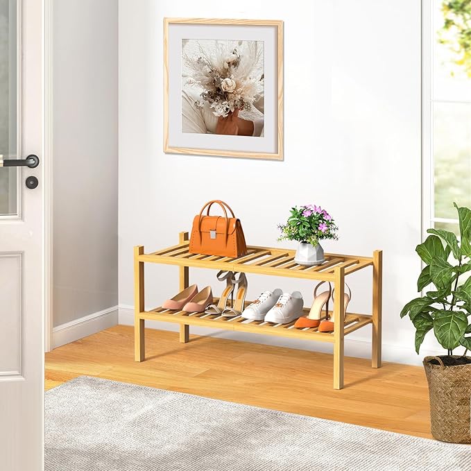RONGJlA 2 Tier Bamboo Shoe Rack for Closet Free Standing Wood Shoe Shelf Storage Organizer for Entryway Small Space Stackable, Natural