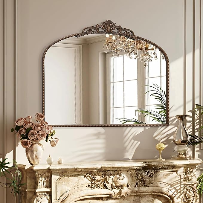 Micasso Large Bronze Vintage Mirror: 40"x29" French Baroque Antique Arched Mirror - Traditional Ornate Decorative for Wall/Fireplace/Mantel/Entryway/Bathroom/Hallway - Home Decor for Living Room