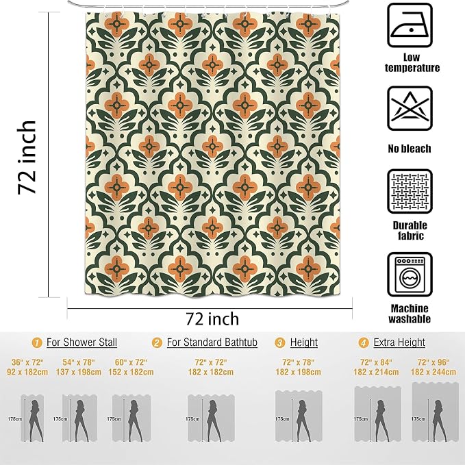Vintage Boho Floral Shower Curtain，Mid Century Modern Abstract Orange Green Bathroom Curtain，Polyester Fabric Waterproof Bath Curtains 72x72 Inch with 12 Hooks