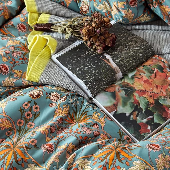 mixinni 3 Pieces Flower Duvet Cover Set 100% Natural Cotton Full Size Bedding Cover with Zipper&Ties, 1 Duvet Cover and 2 Pillowcases, Easy Care, Soft and Durable-Full Size