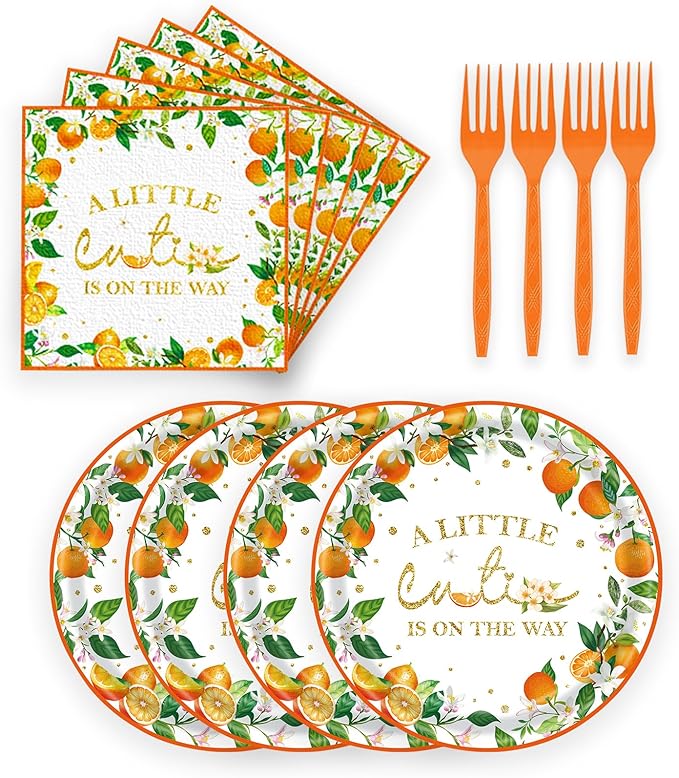 72 Pcs Little Cutie Baby Shower Party Supplies - Orange Birthday Decorations, Paper Plates and Napkins Set - A Little Cutie is on The Way Tableware Serves 24