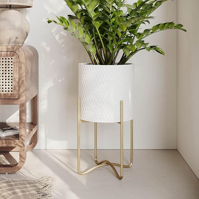 EverNest Claire Mid-Century Modern White Plant Pot with Ambrose Stand, SelectBase, Indoor Plant Pot, Bohemian Style, Minimalist Plant Home Décor (Small, Gold)
