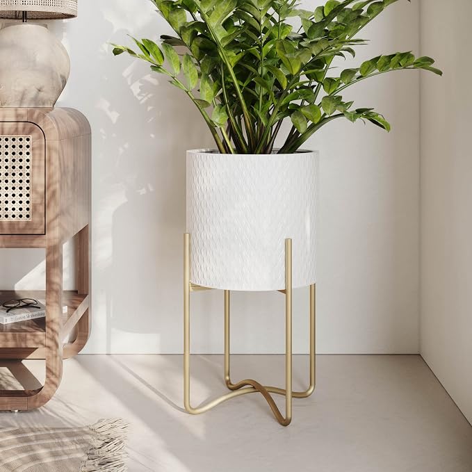EverNest Claire Mid-Century Modern White Plant Pot with Ambrose Stand, SelectBase, Indoor Plant Pot, Bohemian Style, Minimalist Plant Home Décor (Large, Gold)