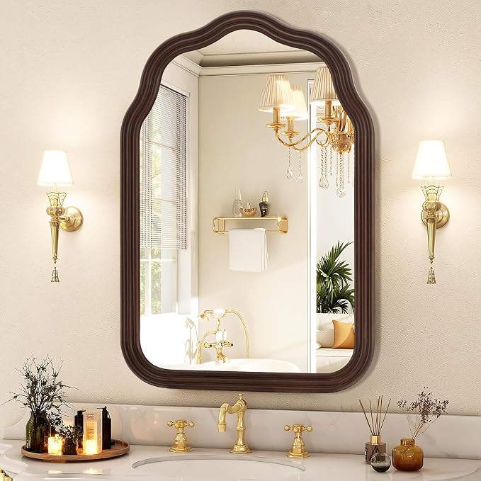 Tanmicoshomy Rustic Wood Bathroom Mirror 20x30 Inch, Arched Wall Mirrors with Tempered Glass for Living Room, Bedroom or Entryway(Dark Brown)