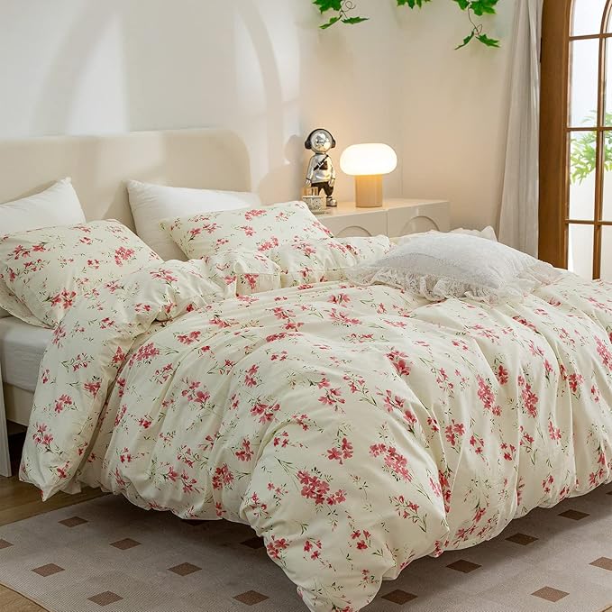 Floral Comforter Set Full Soft Bedding Set 3 Pieces Garden Style Red Flower Print Botanical Flowers Comforter for All Seasons 1 Comforter and 2 Pillowcases (Floral, Full)