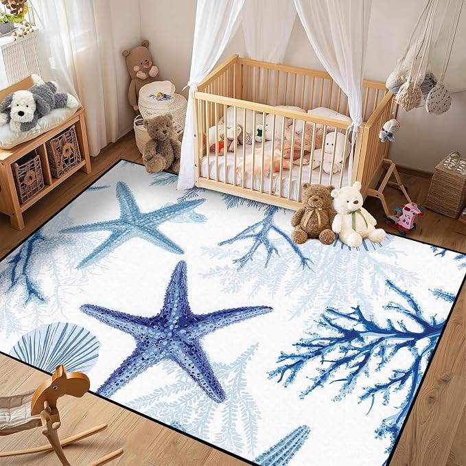 Coastal Starfish Rug 5'x7' Blue Ocean Area Rug Coral Seashell Floor Mat Washable Low Pile Carpet for Bedroom Living Room Kitchen Nursery Playroom Home Decor