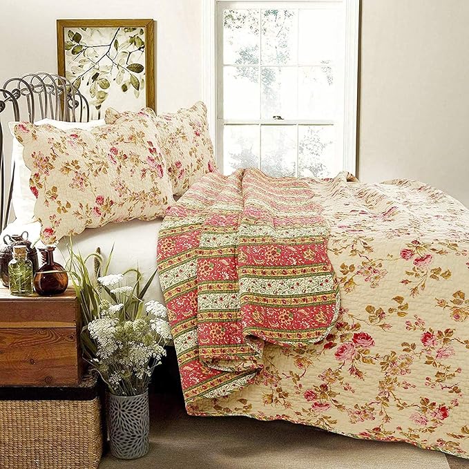 Cozy Line Home Fashions Rose Garden Vintage Floral Pink Khaki 100% Cotton Reversible Quilt Bedding Set, Coverlet Bedspread (Vintage Rose, King - 3 Piece)