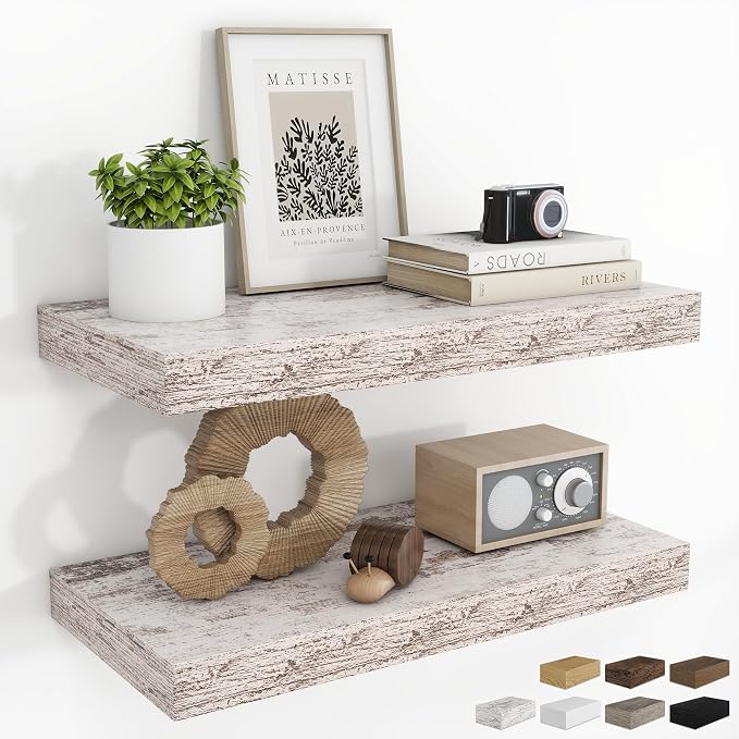 RICHFOCUS 20Inch Floating Shelves for Wall 2 Pack Shelves for Plant|Bedroom|Kitchen|Bathroom Rustic Wood Wall Mounted Shelf with Invisible Brackets for Books|Storage|Decor, Rustic White