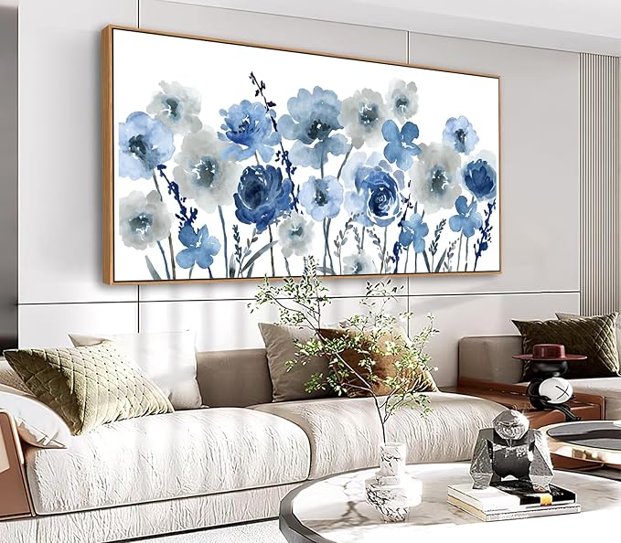 Framed Flowers Canvas Wall Art - Indigo Floral Canvas Pictures Living Room Wall Decor Botanical Canvas Prints Painting Abstract Artwork Bedroom Office Home Decor 24"x 48"
