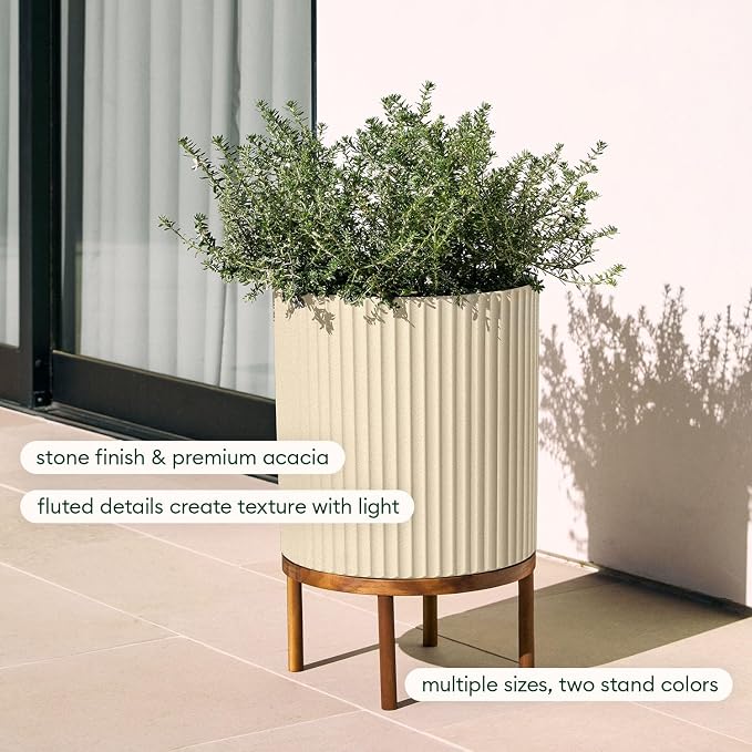 Veradek Demi Series Round Planter w/ Stand for Porch/Patio | Durable Plastic-Concrete & Wooden Stand | Modern Décor for Tall Plants, Flowers