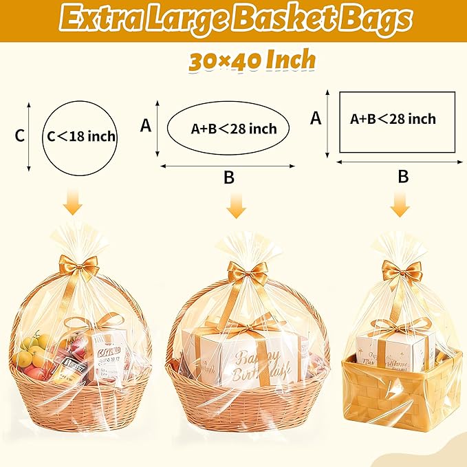 6 Pack Large Cellophane Bags for Gift Baskets 30×40 Inch – 2.8 Mil Thick Clear Cellophane Wrap for Christmas Gift Baskets, Holiday Parties, Birthdays & Weddings – Durable Plastic Clear Gift Bags