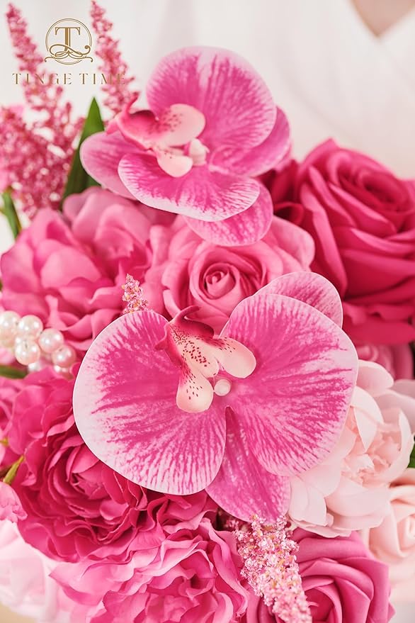TINGE TIME 9 Inch Artificial Bridal Bouquet, Cascading Wedding Bouquet for Wedding Ceremony and Anniversary (Hot Pink)