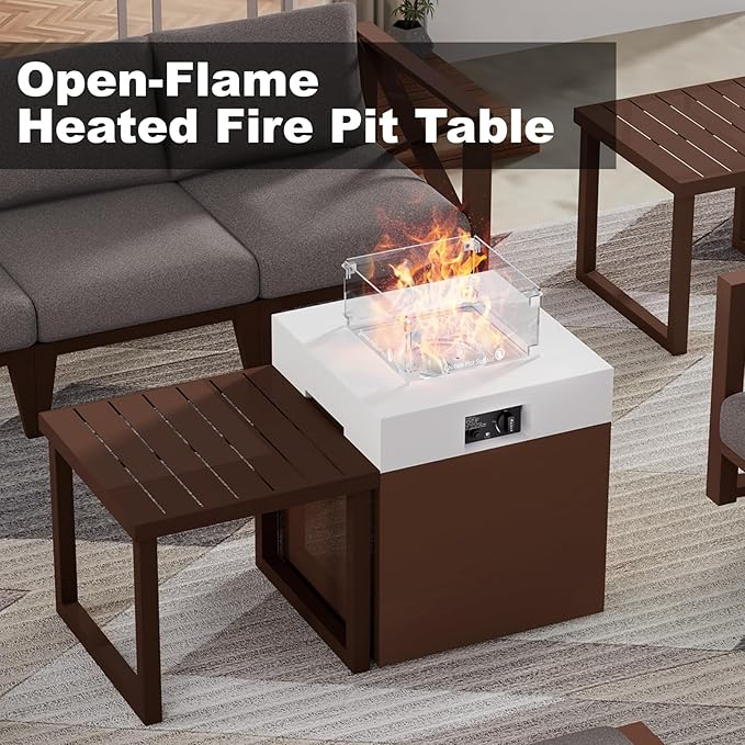 22" Aluminum Propane Fire Pit Table, 37,000 BTU Outdoor Gas Firepit with Lid, Glass Wind Guard, Waterproof Cover & Glass Stones for Patio Deck Garden, 3-in-1 Tabletop Design, Brown