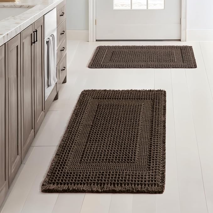 MIULEE Set of 2 Waffle Bathroom Rugs, Boho Bath Rug Super Absorbent, Non Slip Washable Ultra Soft Rubber Backed Shower Bath Mats for Floor, Tub, Shower, Looped Design, Chocolate, 17x24 Inch